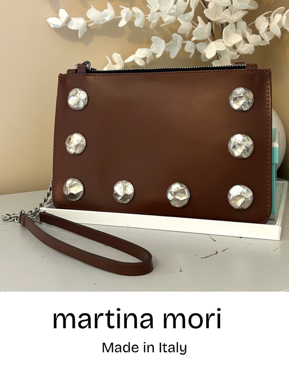 Martina Mori  Clutch/Shoulder/Crossbody Bag Brown Leather Silver Studs
